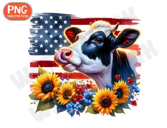 Cow USA Flag Png, Sunflower Cow Png